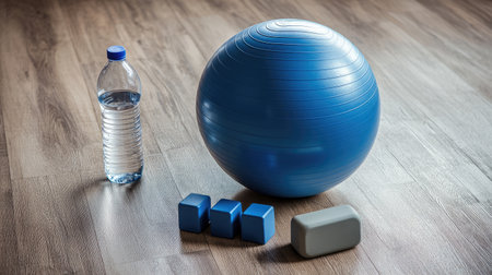 A prenatal exercise ball, yoga blocks, and a water bottle on a wooden floor, symbolizing physical activity for expecting mothers. Bright and energetic.の素材
