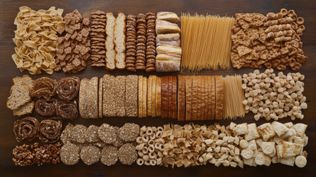 A selection of whole-grain bread, crackers, and pasta arranged neatly on a wooden table.の素材