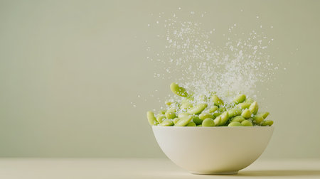 A simple setup of steamed edamame in a bowl, sprinkled lightly with sea salt, on a neutral background.の素材