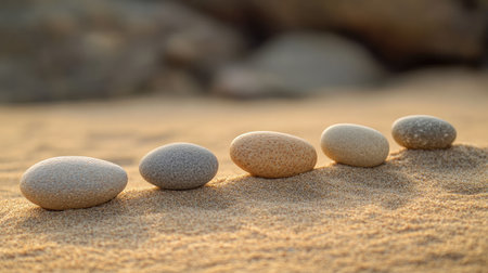 A row of smooth pebbles in ascending sizes placed on a sand background, symbolizing family and growth. Minimalist and calming.の素材