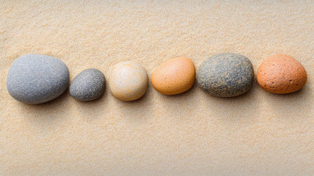A row of smooth pebbles in ascending sizes placed on a sand background, symbolizing family and growth. Minimalist and calming.の素材