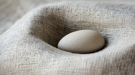 A smooth, round pebble placed at the center of a soft fabric fold, symbolizing harmony and nurturing care.の素材