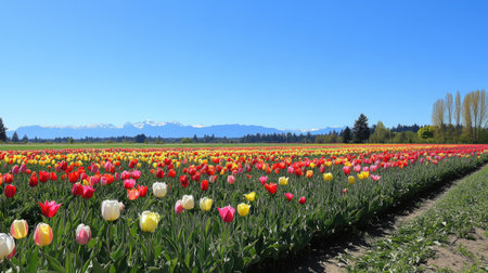 A vibrant spring field filled with tulips of various colors, stretching to the horizon under a clear blue sky. Natural beauty and joy.の素材