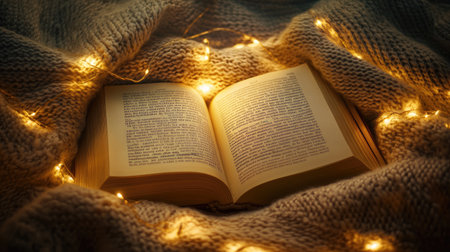 A small, open book of baby advice placed on a cozy fabric surface, illuminated by warm light.の素材