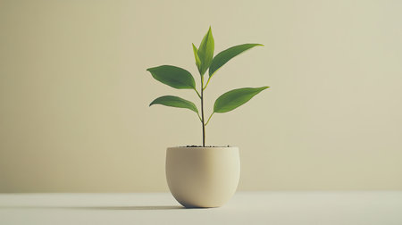 A small potted plant with soft green leaves placed on a neutral background, symbolizing growth and new life. Clean and simple.の素材