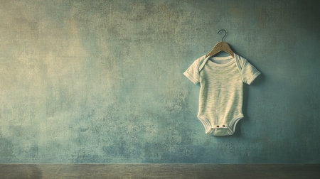 A single baby onesie hanging from a small wooden hanger, displayed against a clean, textured background.の素材
