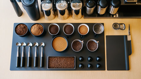 A barista workspace with clean tools, a tamper, and coffee grounds, arranged neatly on the counter.の素材
