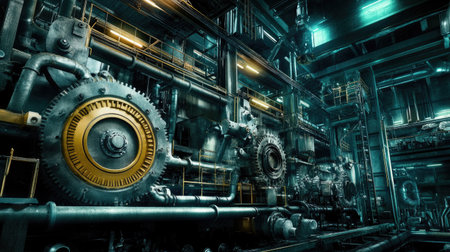 A dark industrial background featuring large mechanical gears, cogs, and chains, emphasizing precision engineering.の素材