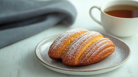 A classic French madeleine sitting elegantly on a small caf plate, with a cup of tea on the side.の素材