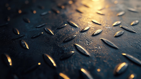 A close-up of a diamond steel plate with raised patterns, reflecting light dynamically.の素材