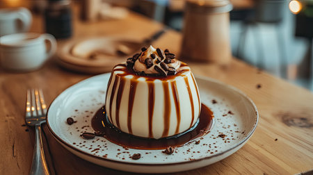 A coffee-flavored panna cotta with a drizzle of caramel sauce on a small caf plate.の素材