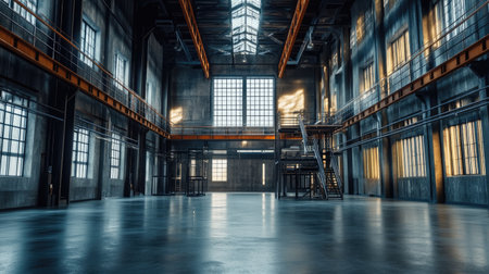 A clean and modern industrial factory background with polished concrete floors, metal staircases, and overhead pipes.の素材