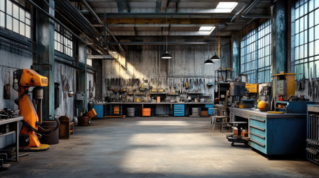 A factory floor with neatly arranged tools, metallic workbenches, and overhead industrial lights casting shadows.の素材
