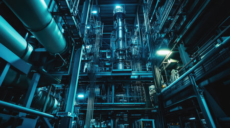 A dark factory setting with towering metal machinery, glowing control panels, and industrial cables.の素材