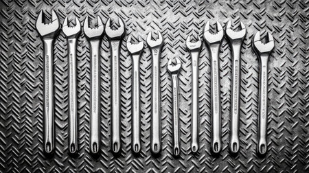 A detailed shot of assorted wrenches and screwdrivers arranged on a textured metal surface, evoking industrial craftsmanship.の素材