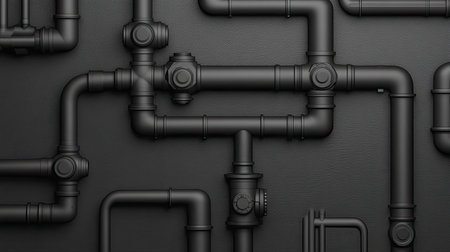 A high-contrast background of industrial steel pipes and interconnected mechanical systems.の素材
