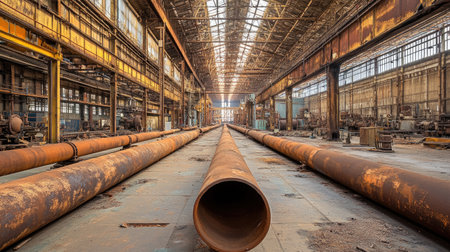 A large cylindrical metal pipe system running through an industrial facility, creating a strong linear perspective.の素材