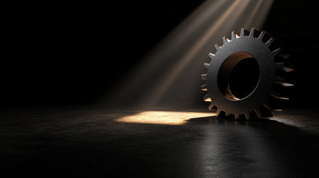 A minimalist dark background with a single large gear illuminated by soft directional light, creating a dramatic effect.の素材