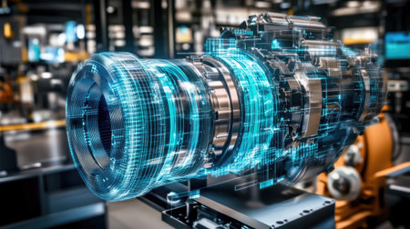 A high-tech rendering of a digital gear system in motion, glowing with blue light and futuristic aesthetics.の素材