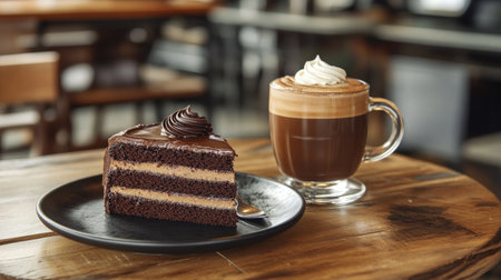 A freshly made iced latte served with a slice of decadent chocolate cake on a caf table.の素材