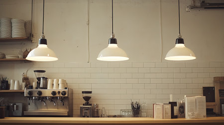 A row of pendant lights hanging over a sleek coffee bar counter in a modern cafe setting.の素材