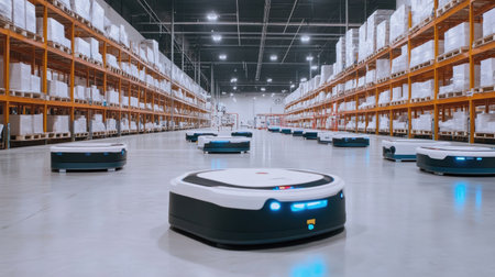 A large industrial warehouse filled with robotic systems, smart sensors, and heavy-duty manufacturing tools.の素材