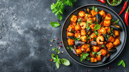A plate of spicy seafood pasta with shrimp, mussels, and squid in a spicy tomato sauce, garnished with chili and fresh herbs.の素材