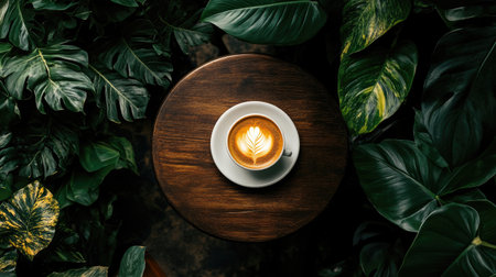 A peaceful caf setting with a wooden table, a warm cup of coffee, and lush plants surrounding the area, creating a natural ambiance.の素材