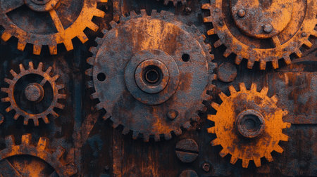 A heavily greased mechanical gear assembly, reflecting light from different angles, highlighting industrial wear.の素材