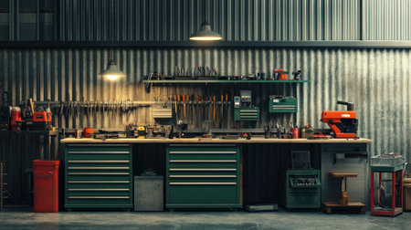 A minimalistic industrial background featuring a clean metal workshop with organized tools and structured workstations.の素材