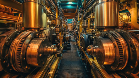A panoramic view of a vintage gear-driven machine with brass and steel components, exuding an old-world industrial charm.の素材