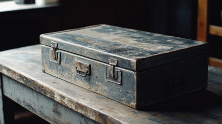 A rugged, industrial-style toolbox with metal latches and scratches, resting on a weathered steel workbench.の素材