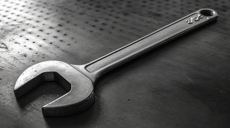 A minimalistic industrial composition featuring a single open-ended wrench resting on a brushed metal surface.の素材