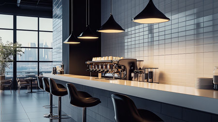 A row of pendant lights hanging over a sleek coffee bar counter in a modern cafe setting.の素材