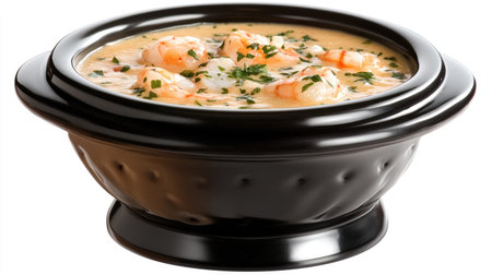 A warm bowl of seafood bisque filled with shrimp, lobster, and mussels, topped with a sprinkle of fresh herbs.の素材