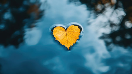 A floating heart-shaped leaf on a calm, clear water surface, surrounded by soft reflections and natural light.の素材