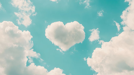 A delicate heart-shaped cloud in a bright blue sky, surrounded by soft white clouds, symbolizing purity and love.の素材