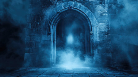A mysterious glowing doorway surrounded by shadowy mist, eerie Halloween fantasy background.の素材