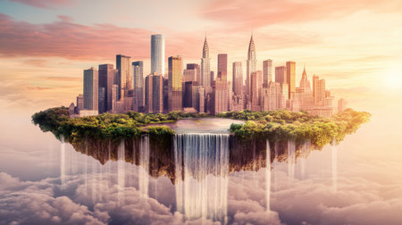 A floating island city with bridges connecting buildings, waterfalls pouring into the abyss below, and a soft pink sunset sky.の素材