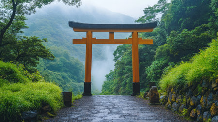 A Japanese torii gate standing alone on a misty mountain path, surrounded by towering trees and a mystical, serene atmosphere.の素材