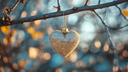 A glittery heart-shaped ornament hanging delicately from a tree branch, sparkling against a soft, out-of-focus background.の素材