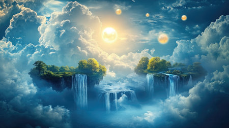 A dreamlike sky filled with floating islands, with waterfalls cascading into the clouds below and glowing orbs of light hovering in the air.の素材