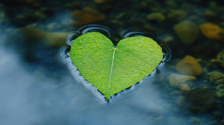 A floating heart-shaped leaf on a calm, clear water surface, surrounded by soft reflections and natural light.の素材