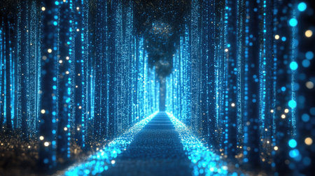 A cybernetic forest with glowing blue trees, digital rain falling in the background.の素材