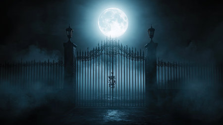 A gothic-style iron gate under a glowing full moon, eerie fog creeping through its bars.の素材
