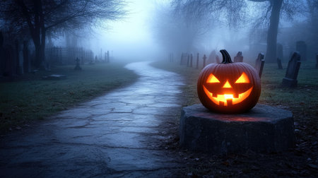 A glowing jack-o'-lantern sitting on a foggy graveyard path, ominous shadows stretching behind it.の素材