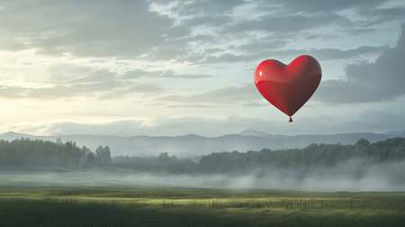 A large red heart-shaped balloon floating in the sky over a serene landscape, creating a sense of freedom and love.の素材