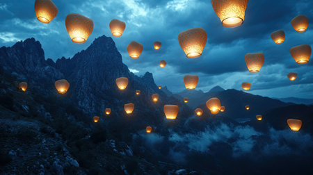 A magical mountain range with floating lanterns drifting into the evening sky.の素材