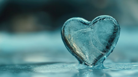 A heart-shaped ice cube on a light blue surface, with delicate frost forming around the edges, creating a cool, fresh look.の素材