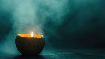 A single flickering candle inside a carved pumpkin, illuminating eerie shadows in a dark, foggy background.の素材